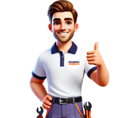 A 3D cartoon plumber mascot wearing a branded white polo shirt with orange and purple accents, giving a thumbs-up gesture, symbolizing professional and reliable commercial plumbing services.