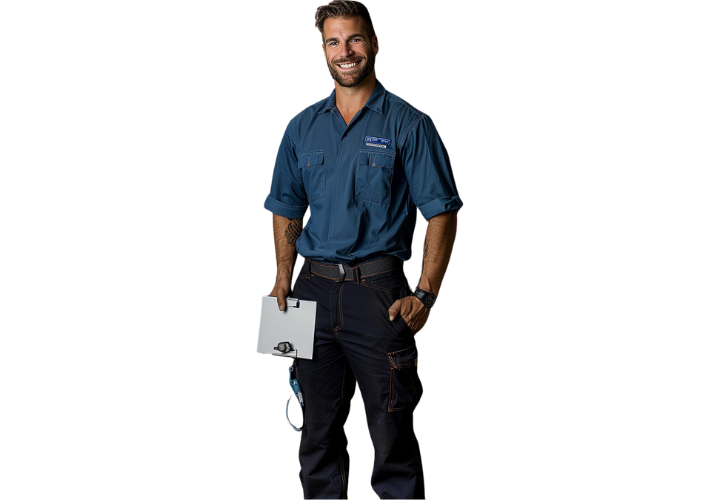 A professional plumber from Performance Plumbing Inc. standing confidently in a branded blue uniform, holding a clipboard, symbolizing reliable commercial plumbing services.