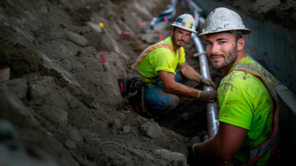 Two professional plumbers in neon yellow safety shirts and hard hats installing pipes in a trench, representing commercial plumbing services in Alabama.