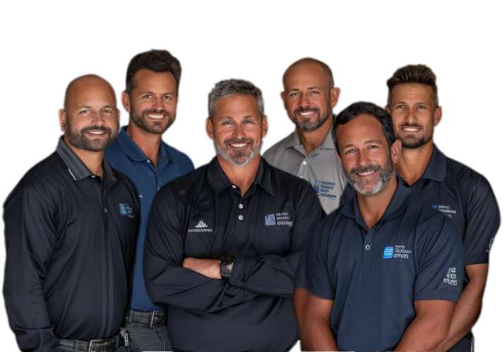 A group of professional plumbers from Performance Plumbing Inc., dressed in branded blue uniforms, holding tools and clipboards, representing expert commercial plumbing services.