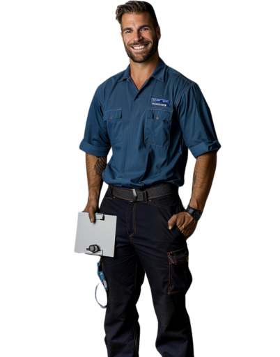 A professional plumber from Performance Plumbing Inc. standing confidently in a branded blue uniform, holding a clipboard, symbolizing reliable commercial plumbing services.