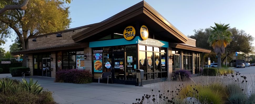 Exterior of a restaurant suitable for commercial plumbing services, with large windows, vibrant landscaping, and outdoor seating, ideal for Performance Plumbing Inc.'s expertise.