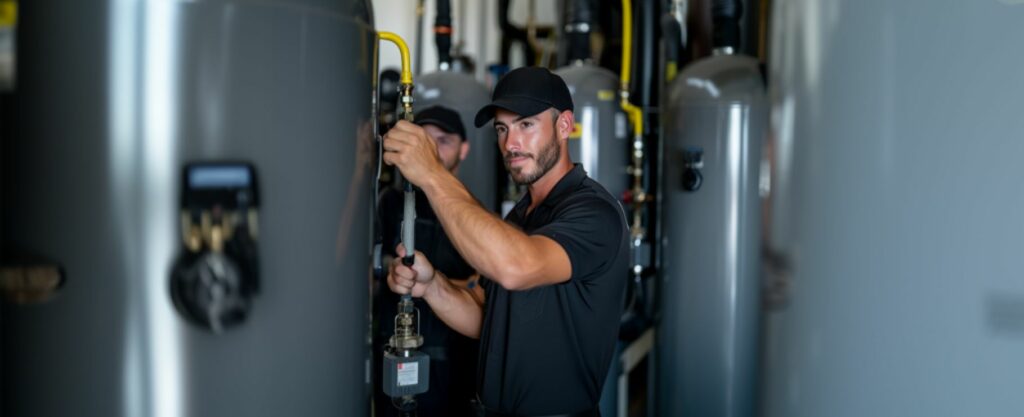 Maintaining Commercial Plumbing. A professional plumber performing maintenance on a commercial plumbing system.