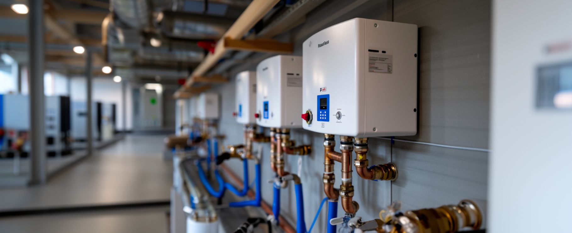 Row of energy-efficient electric hot water heaters installed in a commercial facility.