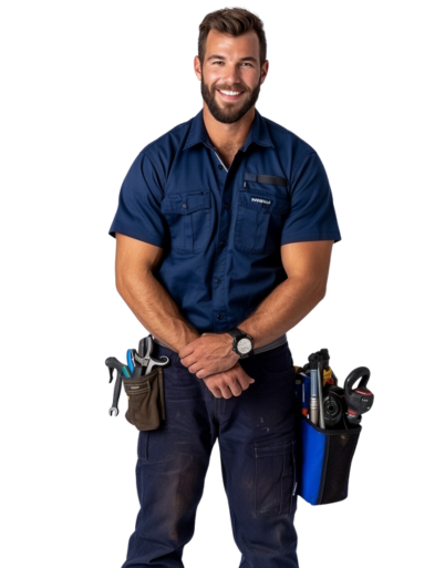 A professional plumber wearing a navy blue uniform with tool belts, representing expert commercial plumbing services.