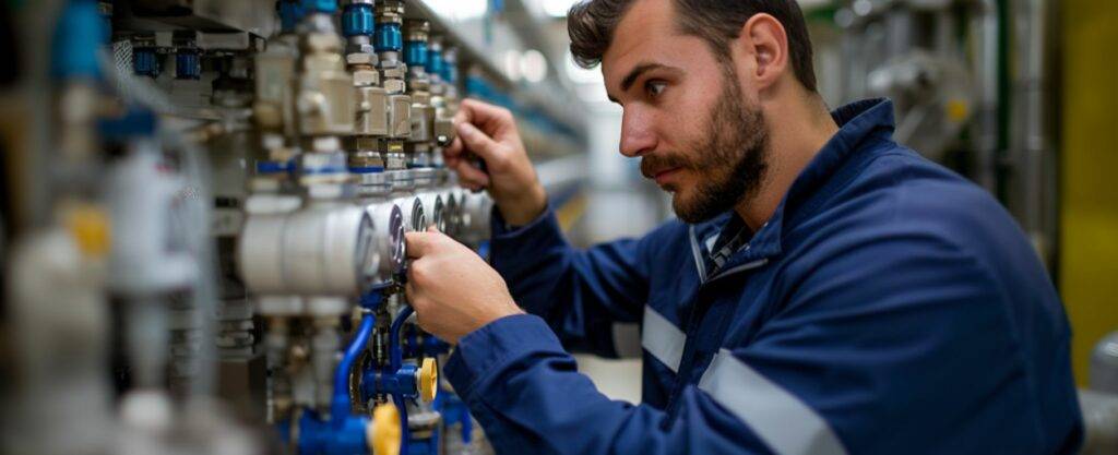 A technician calibrating controls on a commercial plumbing system for efficient operation.