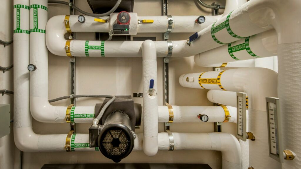 A well-organized commercial plumbing system with labeled pipes for domestic hot water, condenser water, and heating water.