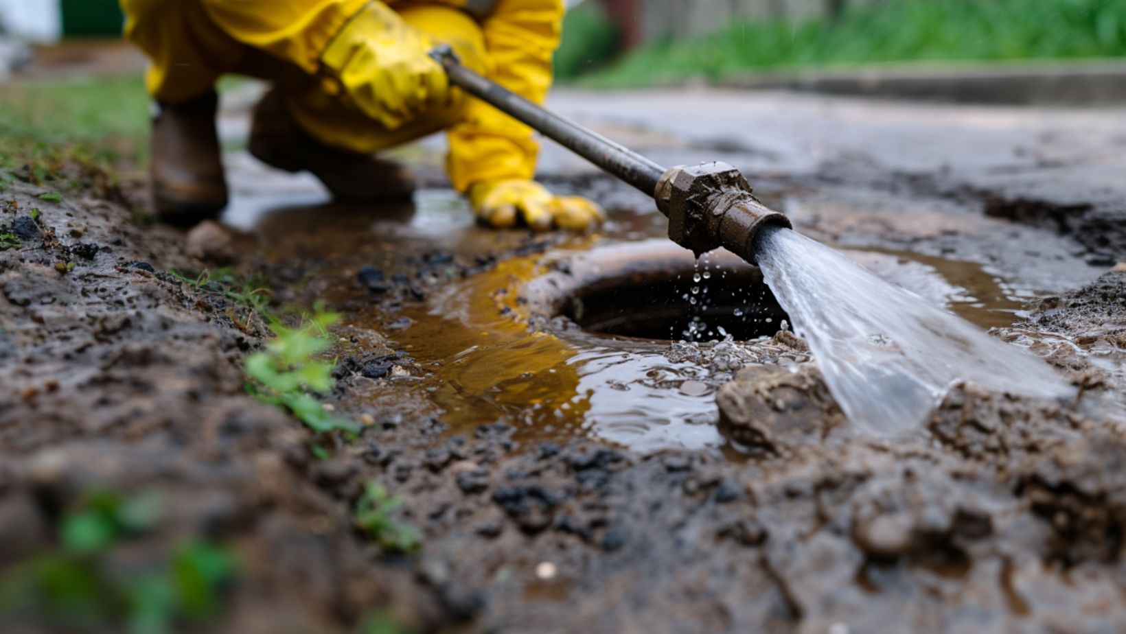 Commercial Hydro Jetting Services. Plumber using high-pressure water jets for hydro jetting services to clean a drain outdoors.