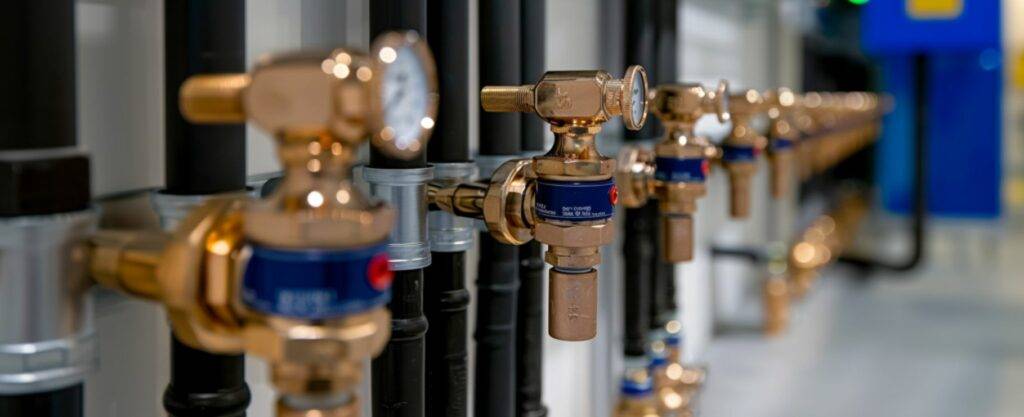 Maintaining Commercial Plumbing. High-quality brass valves on a commercial plumbing system in a professional setup.