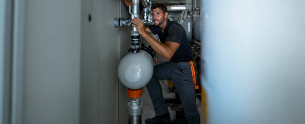 preventative plumbing maintenance, Plumber performing routine maintenance on commercial plumbing equipment.