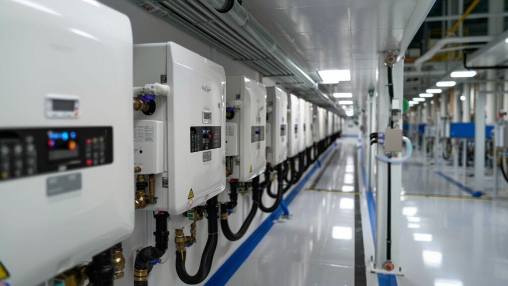 Row of tankless water heaters installed in a commercial facility, showcasing energy-efficient solutions.