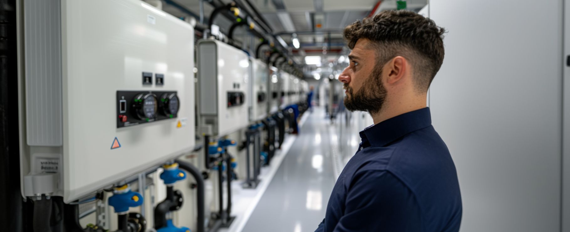 Technician inspecting a row of commercial tankless water heaters in a modern facility.