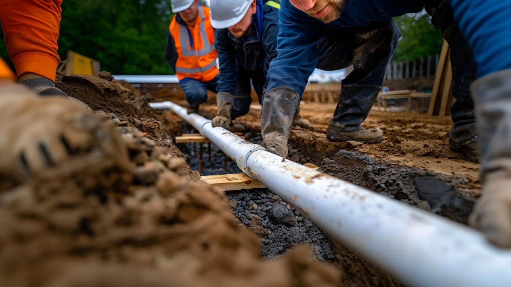 commercial slab plumbing team installing plumbing pipes under a commercial slab foundation during a new construction project.