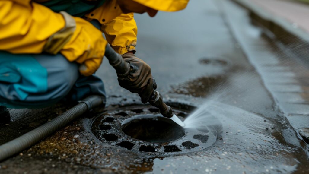 Plumber performing hydro jetting services on a drain with high-pressure water jets.