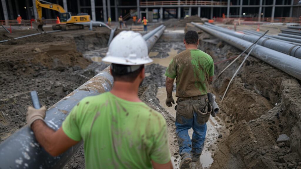 Commercial plumbers working on large underground pipes at a construction site, addressing common commercial plumbing challenges such as water pressure issues and drain blockages.