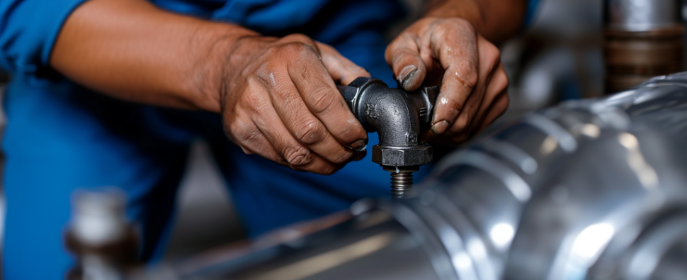 lumber tightening a pipe fitting as part of DIY plumbing tips for businesses to solve commercial plumbing challenges.