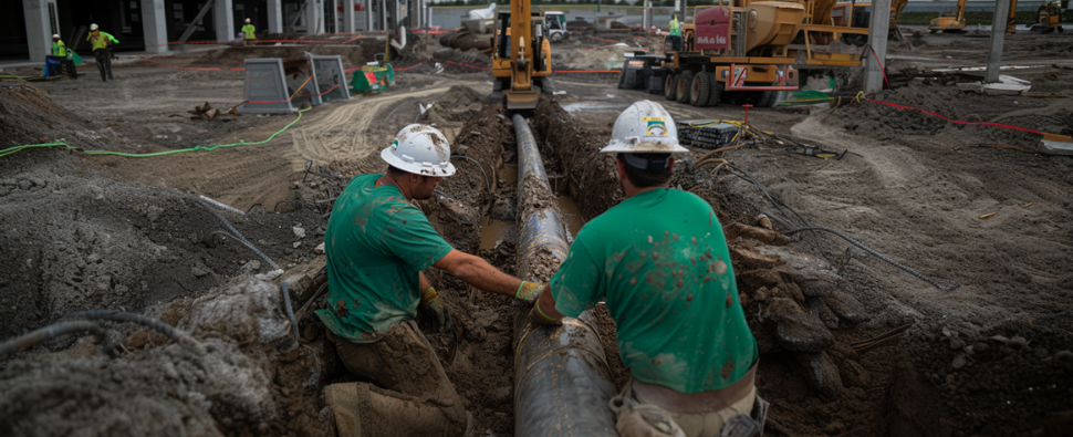 Plumbers repairing a large underground pipe as part of emergency plumbing repairs for businesses.