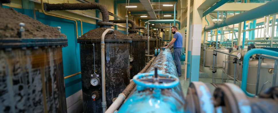 Commercial water heating system with a technician inspecting the pipes for inefficiencies, commercial plumbing challenges.