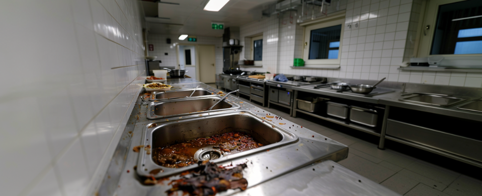 Commercial kitchen sinks clogged with grease and food debris, illustrating common commercial plumbing challenges for businesses.